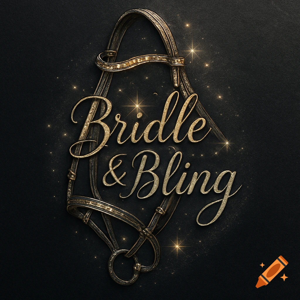 A luxurious logo featuring glittery gold text 'Bridle & Bling' intertwined with a stylized bridle against a dark, sparkling background.