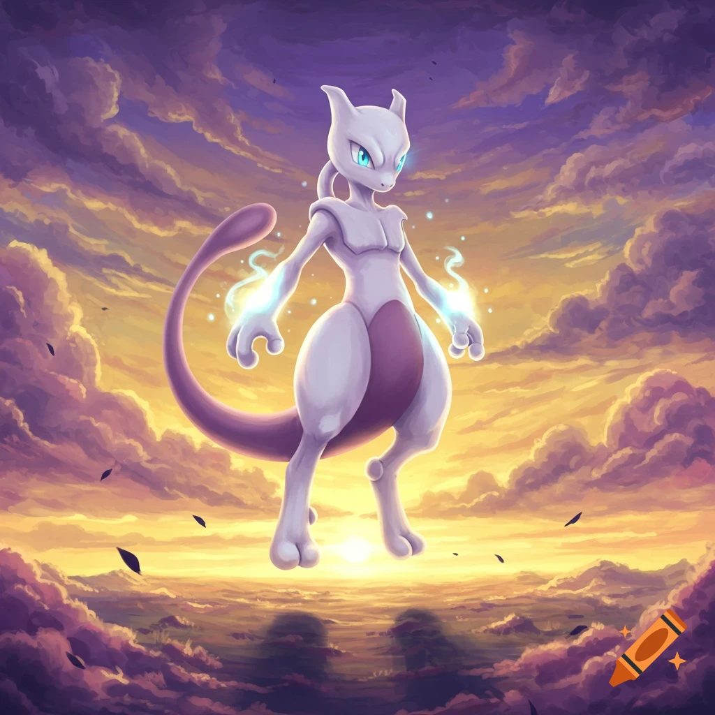 Mewtwo, a white and purple psychic Pokémon, floats against a dramatic orange and purple sunset sky with glowing hands.