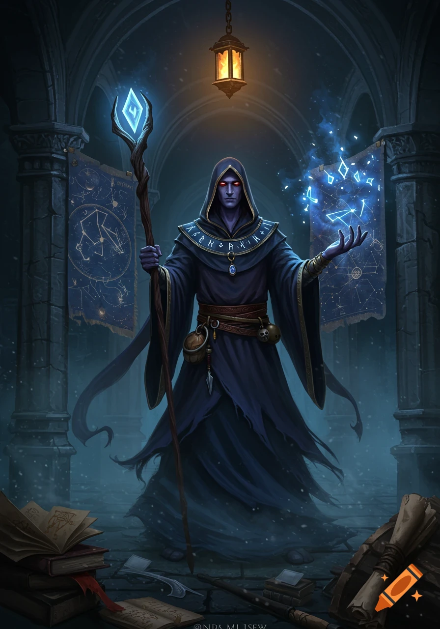 A dark wizard with red eyes and glowing hands stands in an ancient stone hall, holding a staff with a blue crystal, surrounded by books and magical effects.