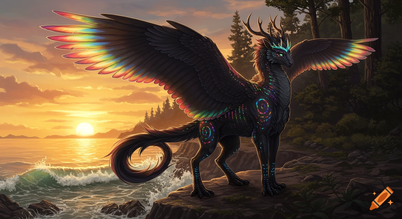 Majestic black Caelivorn with rainbow wings and glowing patterns stands on a forest cliff overlooking the ocean at sunset, fantasy art.