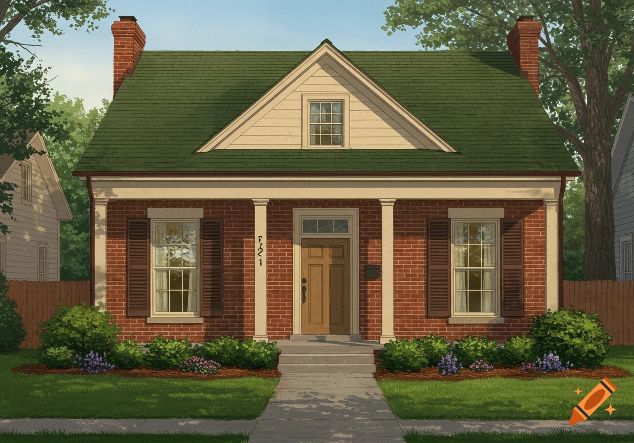 A classic red brick house with a green roof, brown door, white trim, and a manicured front yard.
