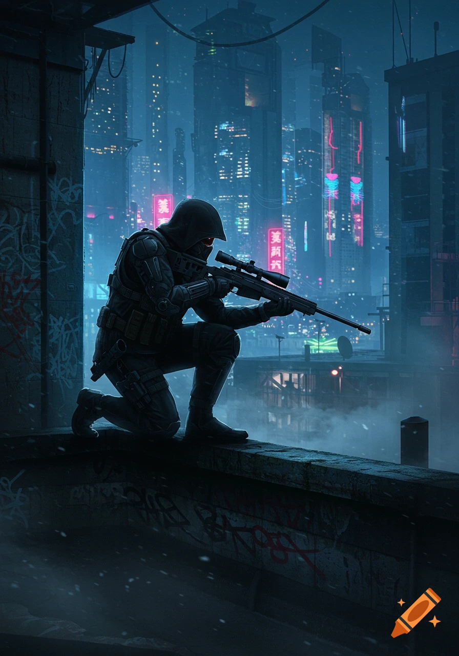A hooded assassin with a sniper rifle kneels on a grimy rooftop overlooking a neon-lit futuristic city.