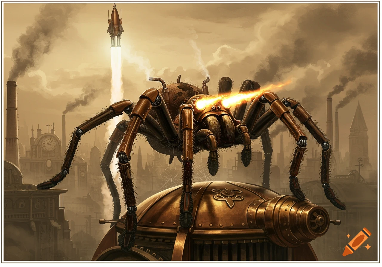 Giant steampunk mechanical spider with glowing laser eyes in an industrial city, with a rocket launching in the distance.