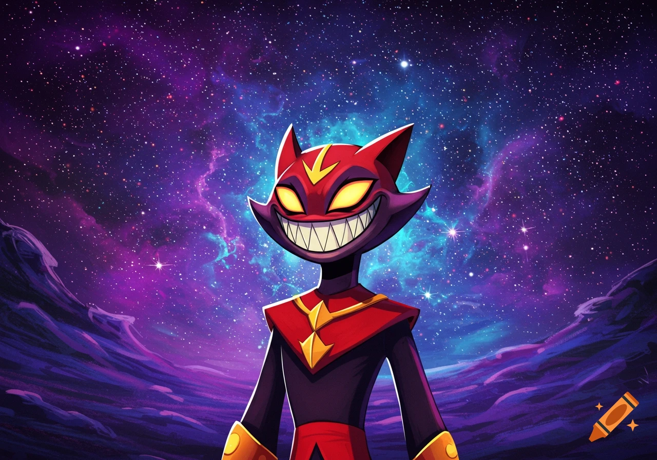 A stylized red and purple cat-like character with glowing yellow eyes and a wide, toothy grin stands against a vibrant starry galaxy background.