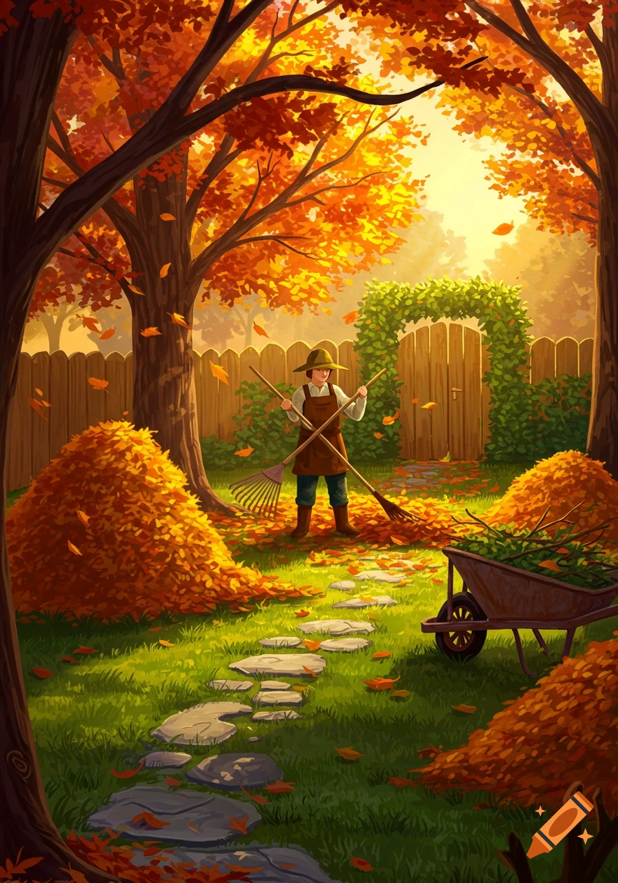 A stylized illustration shows a person raking autumn leaves into large piles in a sunny backyard.