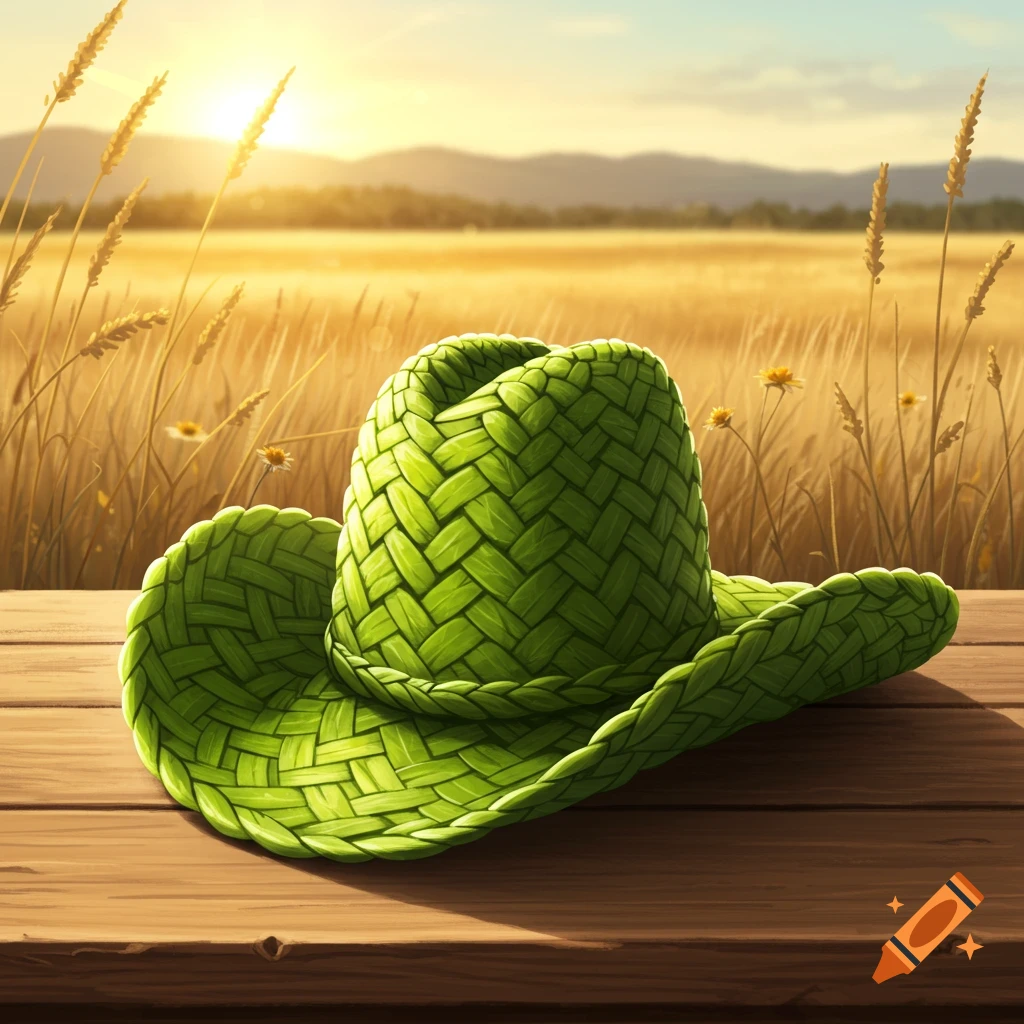 A green woven leaf cowboy hat rests on a wooden surface, with a golden wheat field and mountains at sunset in the background.