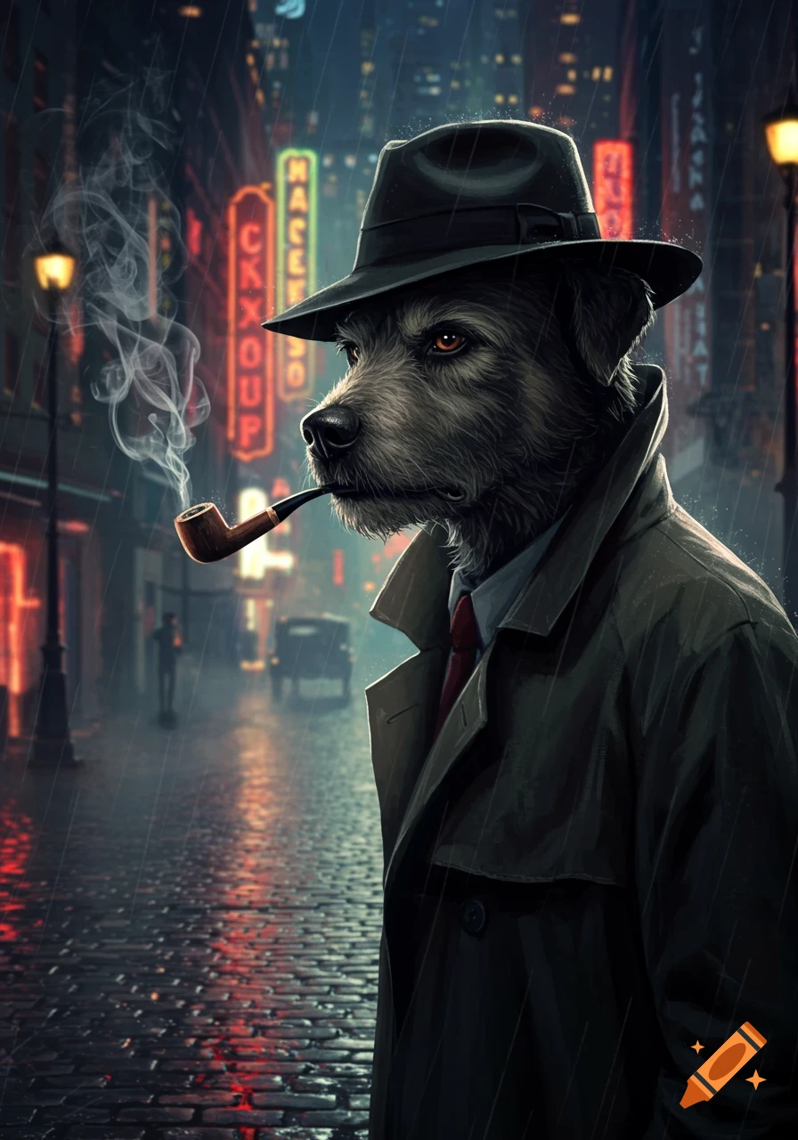 A hardboiled dog detective in a black hat and trench coat, smoking a pipe, stands on a rainy city street with neon signs in the background.