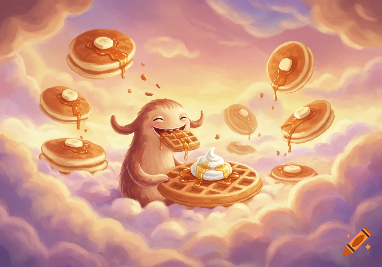 A happy, furry monster eats a waffle, holding another with whipped cream, surrounded by floating pancakes in a whimsical, cloudy sky illustration.