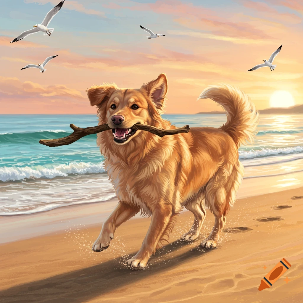 A happy golden-colored dog runs on a sandy beach, carrying a stick in its mouth, with seagulls flying under a sunset sky.