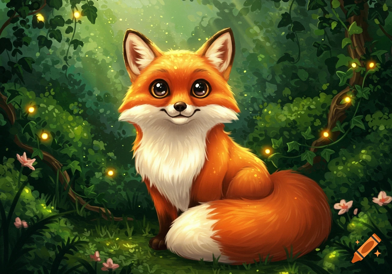 A cute, stylized cartoon fox with large eyes sits in an enchanted forest with glowing fireflies.
