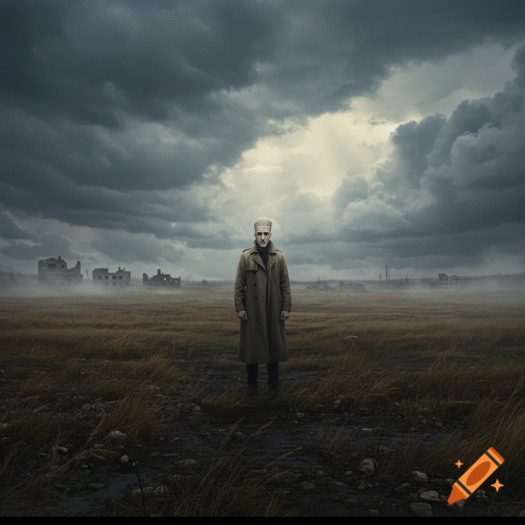 A man in a trench coat stands in a desolate, muddy field with ruined buildings in the misty distance under a stormy sky.