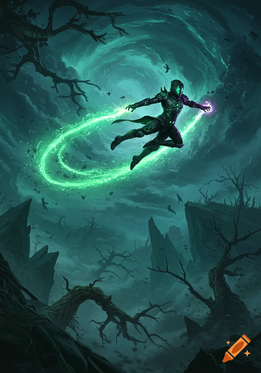 A dark fantasy illustration of an armored figure with glowing green and purple energy, flying through a stormy, barren landscape with twisted trees.