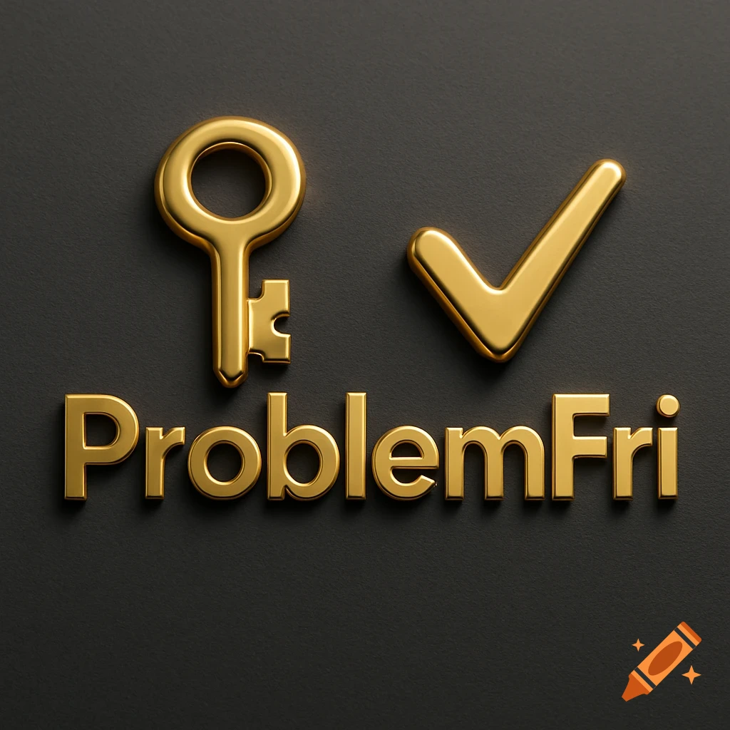 Shiny golden 3D logo for 'ProblemFri' with a key forming the 'I' and a checkmark next to 'Fri' on a dark background.