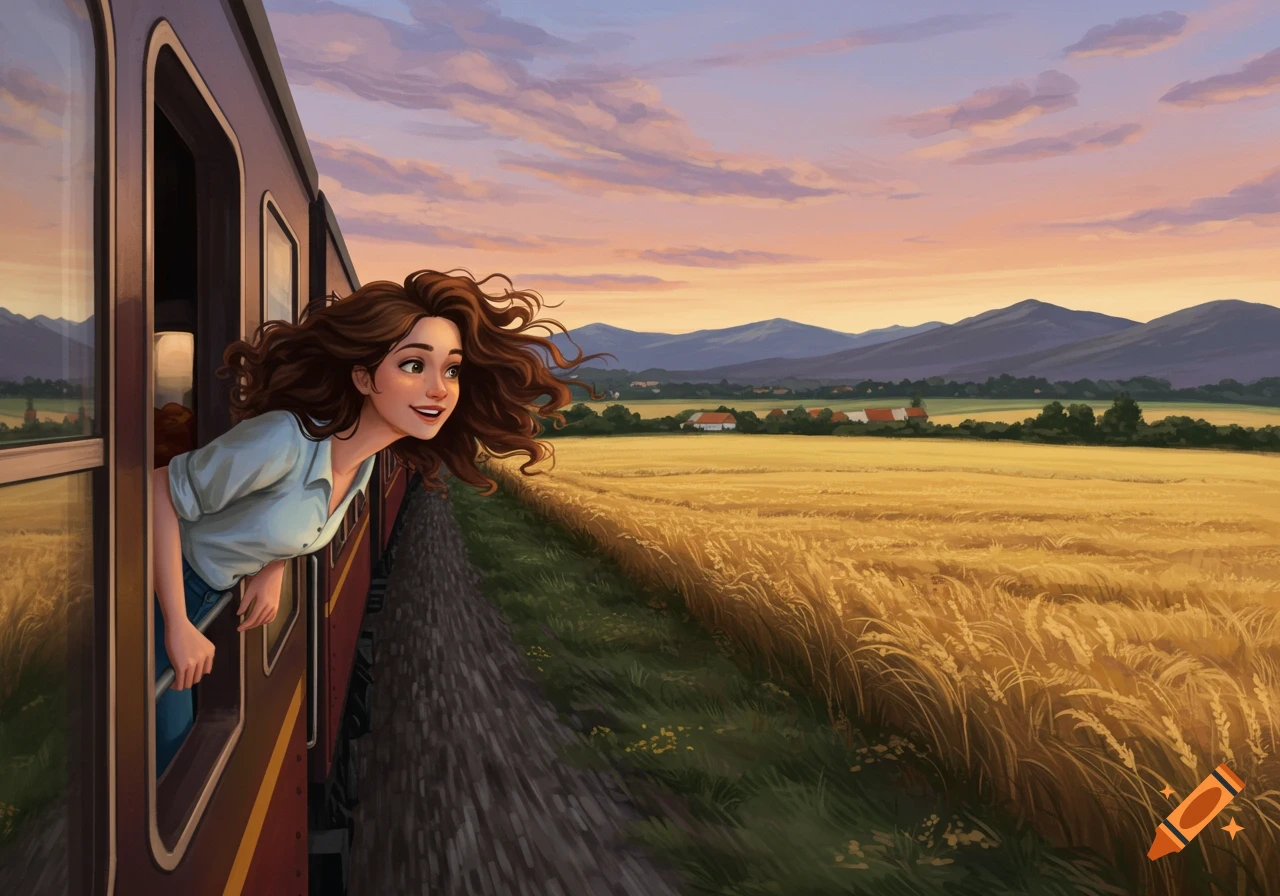 Illustrated woman with flowing brown hair leaning out of a train window, smiling at golden fields and mountains at sunset.