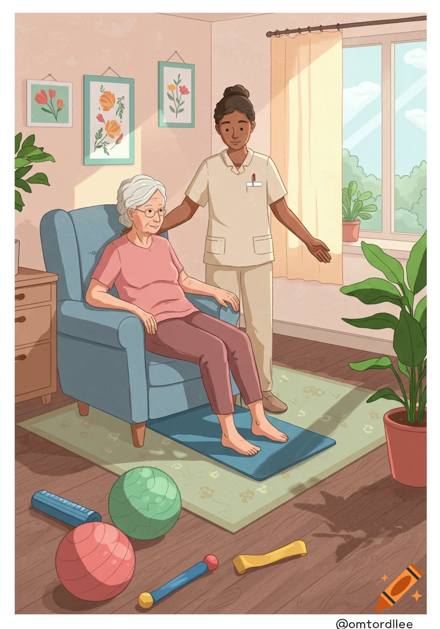 An illustration of a caregiver assisting an elderly woman from an armchair in a bright room with exercise balls on the floor.