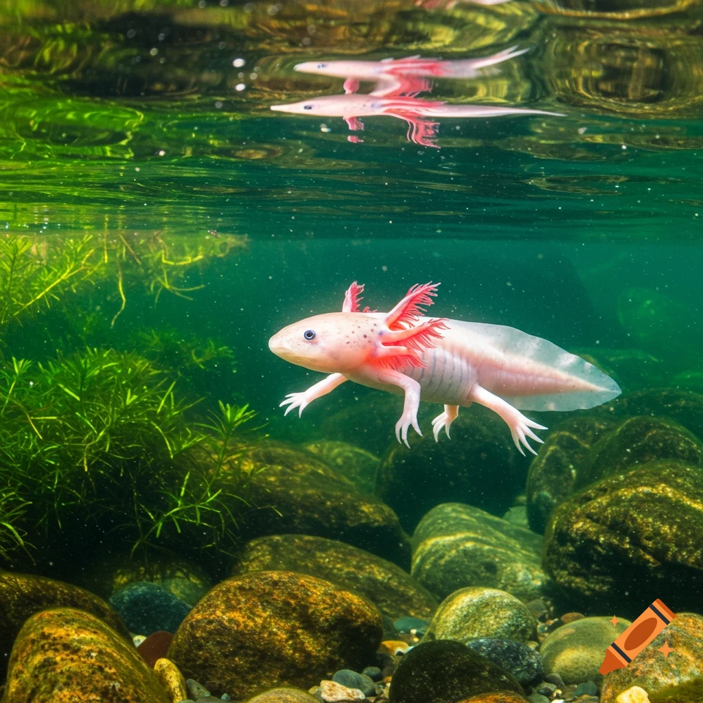 Ultra-realistic photorealistic image of a pink axolotl swimming underwater in a clear lake, surrounded by green plants and rocks.