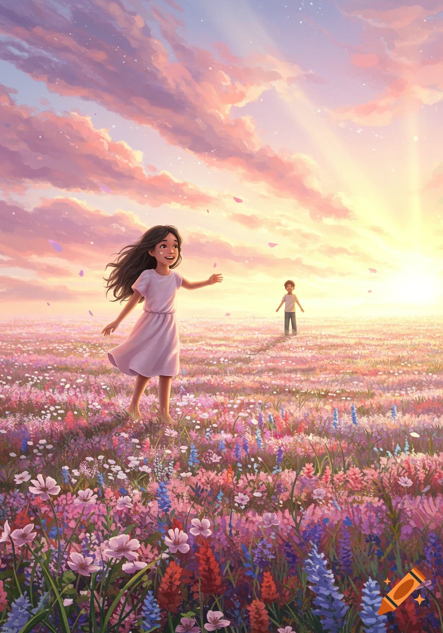 An illustration of a girl in a lavender dress running through a vast field of colorful flowers under a vibrant sunset sky, with a boy in the distance.