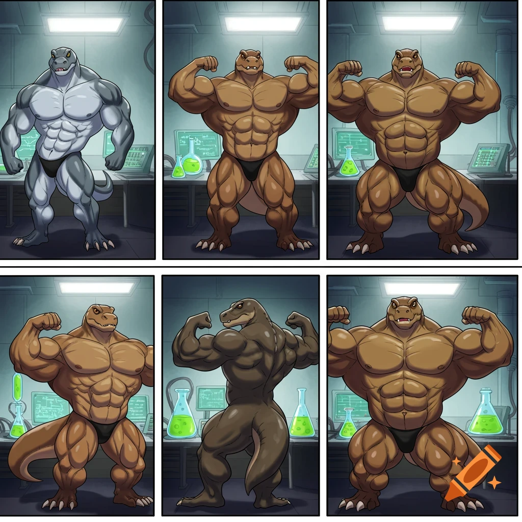 Six-panel comic of a muscular anthropomorphic Komodo dragon flexing and growing in a laboratory.