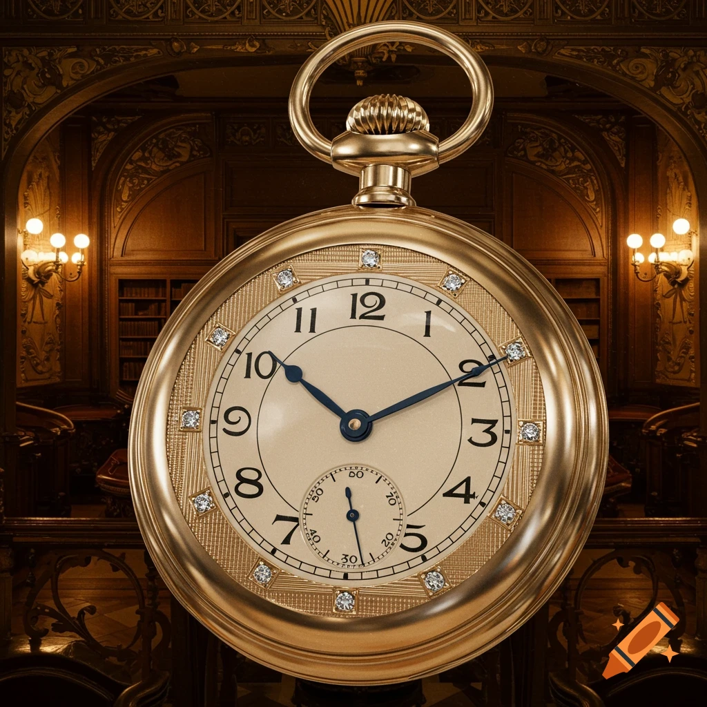 A detailed gold Art Deco pocket watch with diamond hour markers and a sub-dial, against a luxurious, dimly lit wooden library interior.