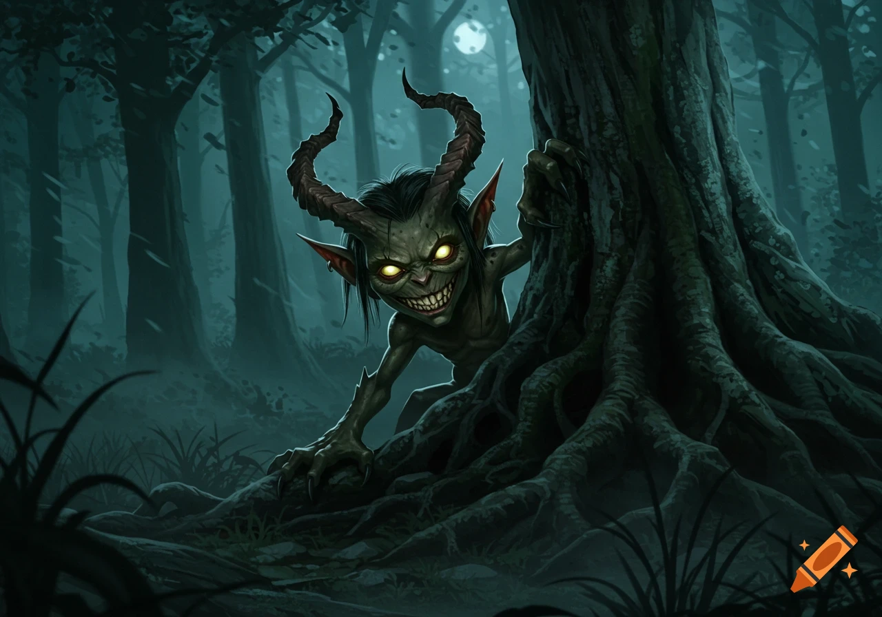 A horned, green-skinned goblin-like creature with glowing eyes and a toothy grin peers from behind a gnarled tree in a dark, moonlit forest, digital art.