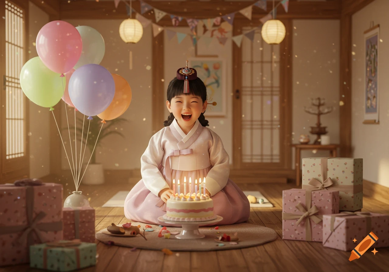 Smiling Korean child in hanbok celebrating birthday with cake, balloons, and gifts in a warm, cozy home illustration.