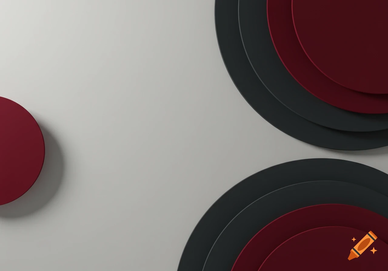 Abstract image with dark grey and wine red curved geometric shapes and a circle on a light grey background.