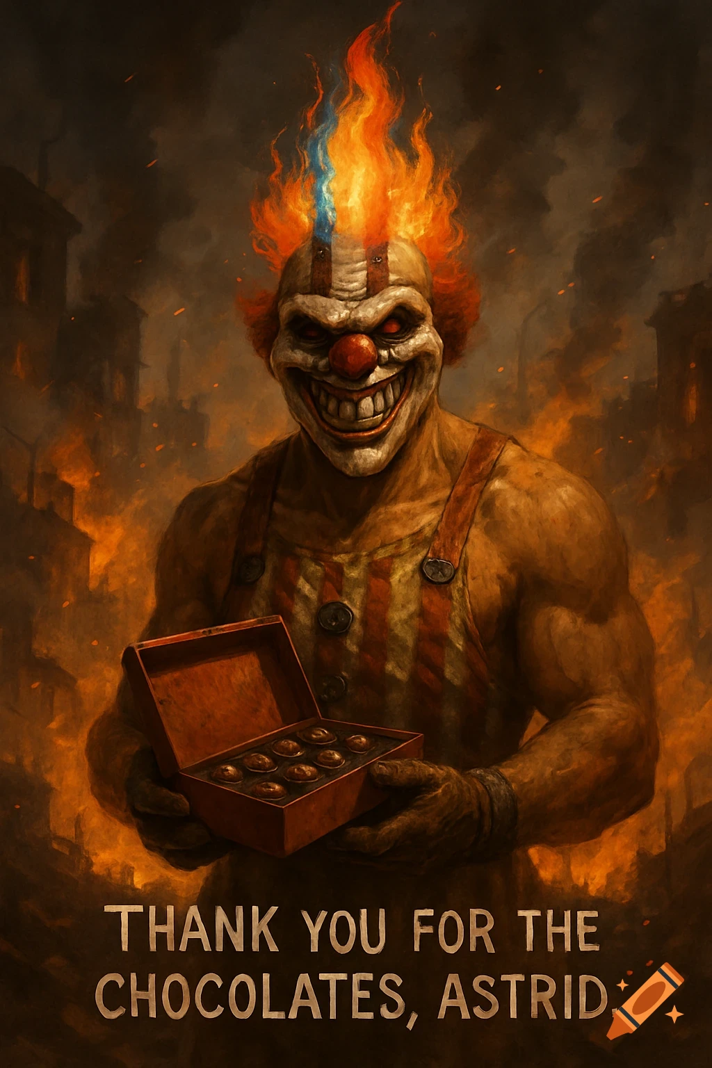 A terrifying clown with flames on his head, a wide grin, holds a box of chocolates in a fiery city. Text reads 'THANK YOU FOR THE CHOCOLATES, ASTRID.'