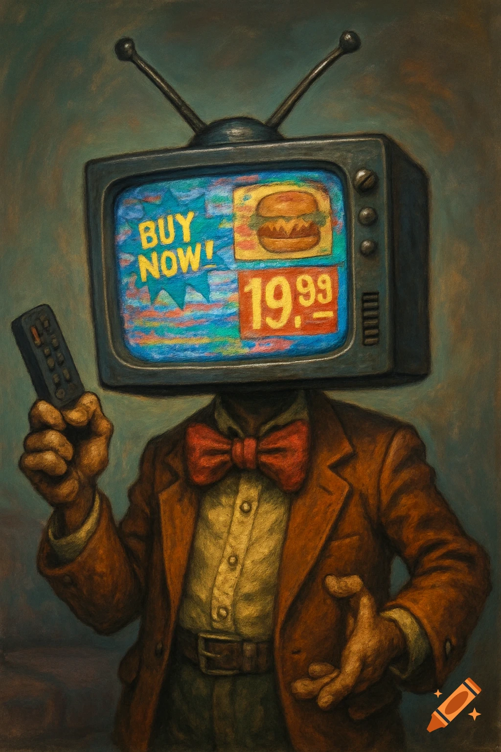 A person in a suit with a retro TV for a head displaying 'BUY NOW!' and '19.99' holds a remote, in a painterly style.