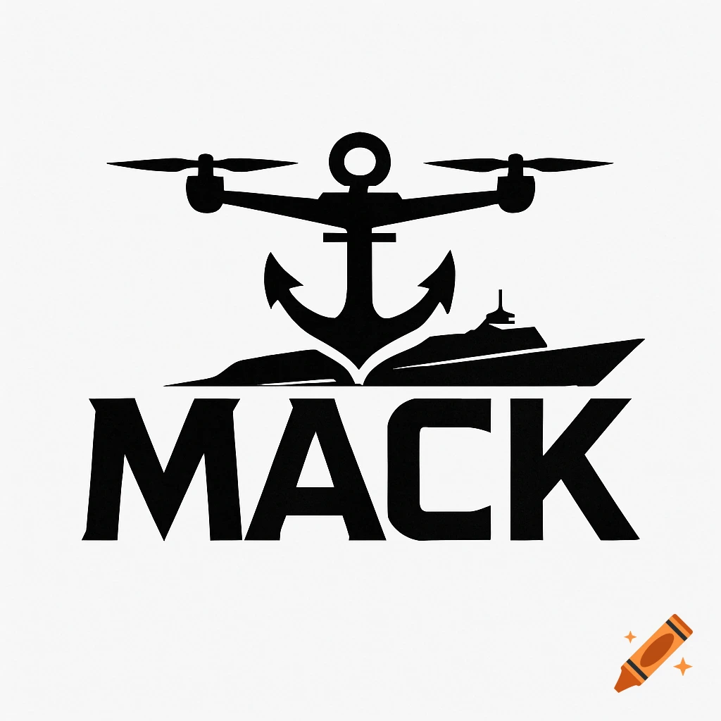 Black and white logo featuring a drone, anchor, ship, and the text 'MACK' below.