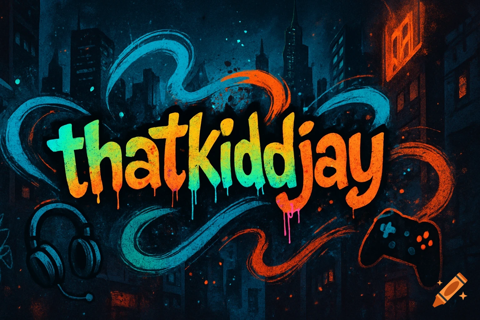 Colorful graffiti-style text 'thatkiddjay' with paint drips, over a dark neon urban cityscape with headphones and a game controller.