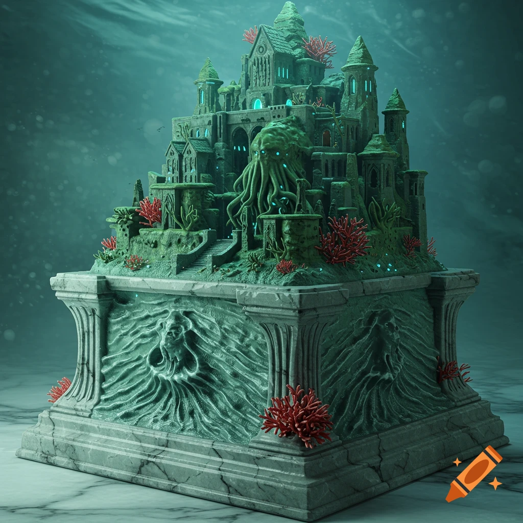 A detailed sculpture of an ancient, green, moss-covered underwater city with a Cthulhu-like entity, red coral, on a carved pedestal under the sea.