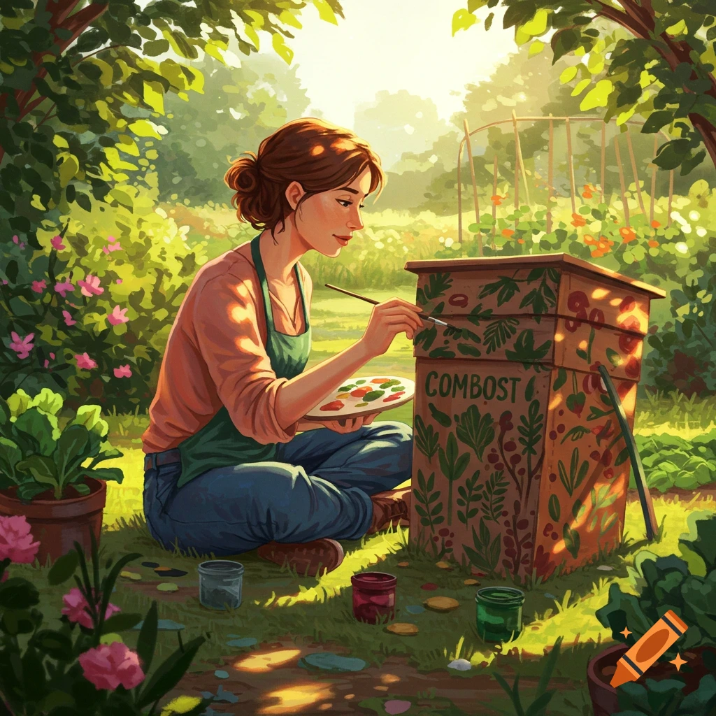 A smiling woman in an apron sits in a sunny garden, painting floral designs on a wooden compost bin.