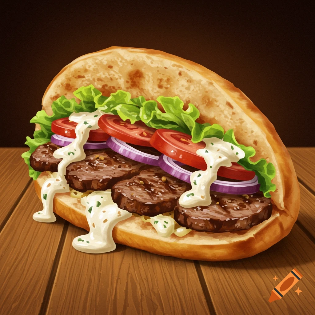 Stylized digital art of a kebab sandwich with grilled meat, lettuce, tomatoes, red onions, and creamy white sauce on a wooden surface.