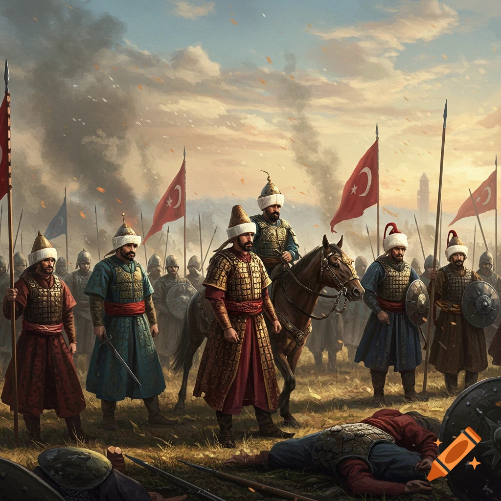 Historical painting of 16th-century Ottoman soldiers in traditional uniforms on a battlefield with flags and a fallen soldier.