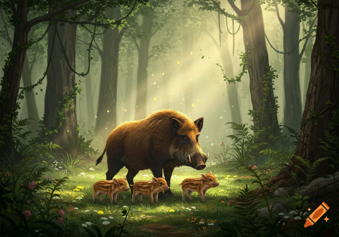 A wild boar with three striped piglets walks through a sunlit forest clearing.