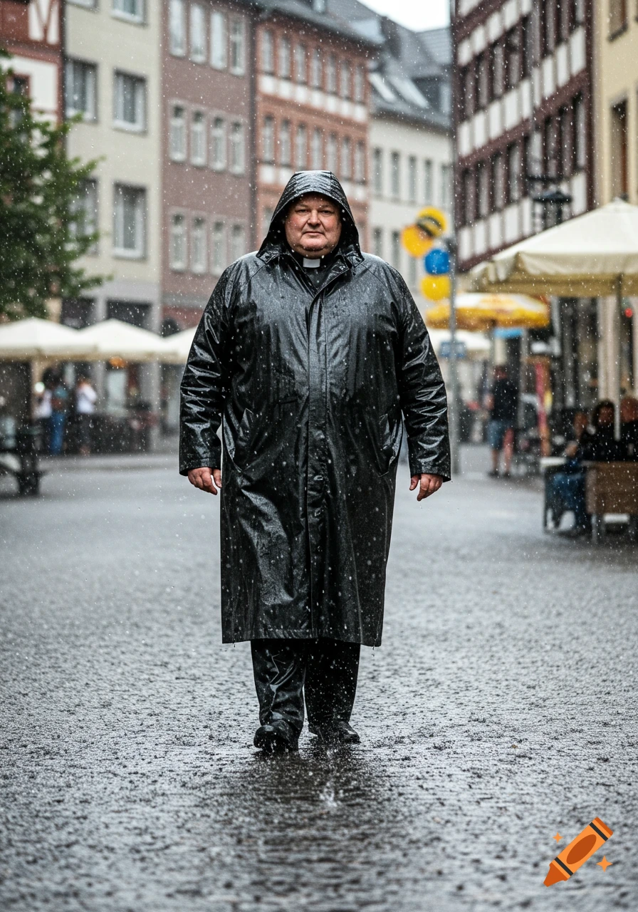 A man in a black hooded raincoat and clerical collar walks down a wet cobblestone street in a German city during heavy rain.