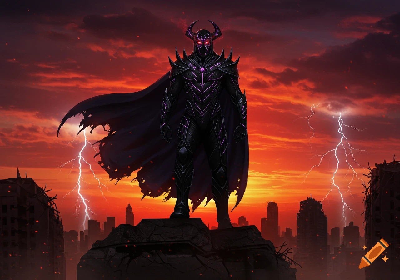 Menacing supervillain in black horned armor with purple glowing accents and a tattered cape, on rubble above a ruined city under a fiery red, stormy sky with lightning.