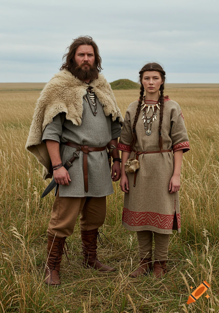 A man in a fur cloak and a woman in a patterned dress, depicting a Bronze Age Yamnaya couple, stand in a vast grassy steppe.