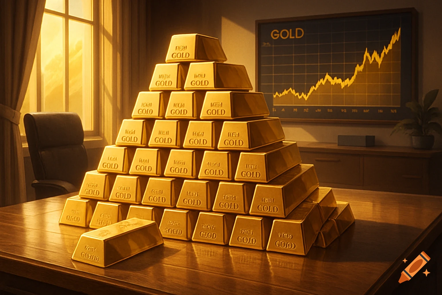 A pyramid of gold bars on a wooden desk with a rising gold stock chart and a window showing a bright sky.