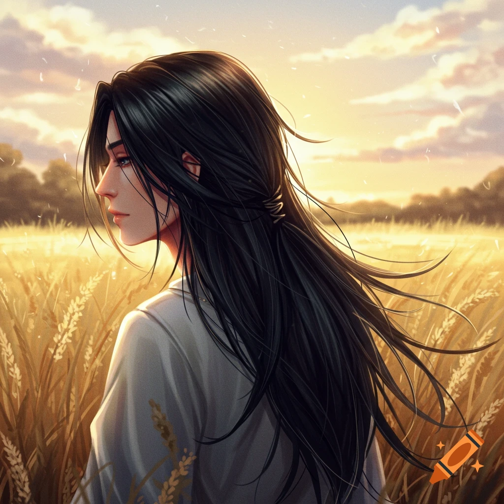 Anime-style portrait of a person with long black hair, looking left in a sunlit golden wheat field.