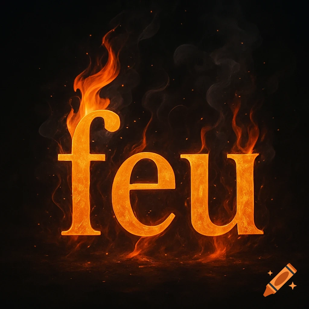 The word 'feu' glowing orange and engulfed in realistic flames against a dark background.