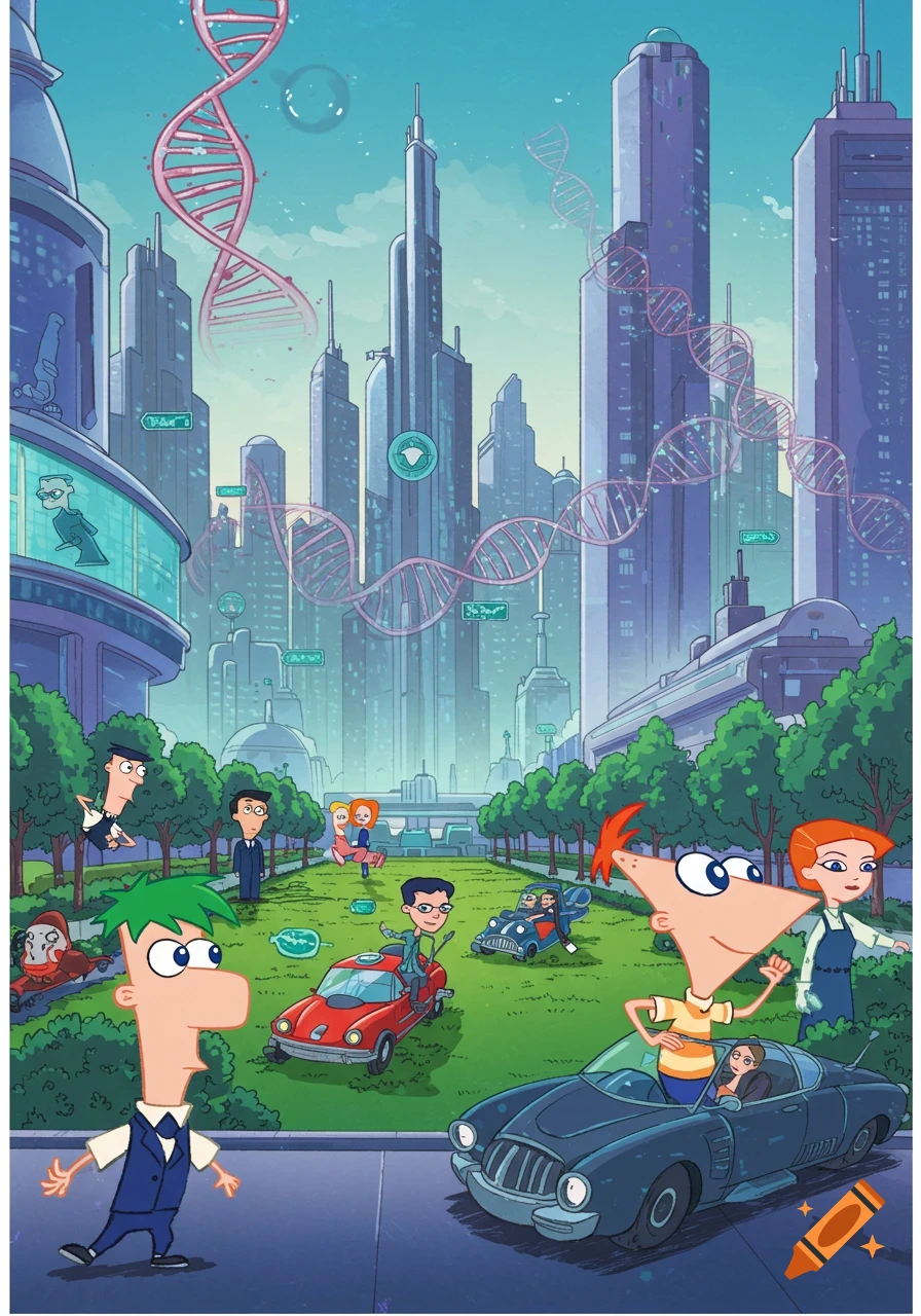 Phineas and Ferb characters in a cartoon futuristic city, with DNA helixes floating around tall buildings and characters in cars or walking in a park-like area.
