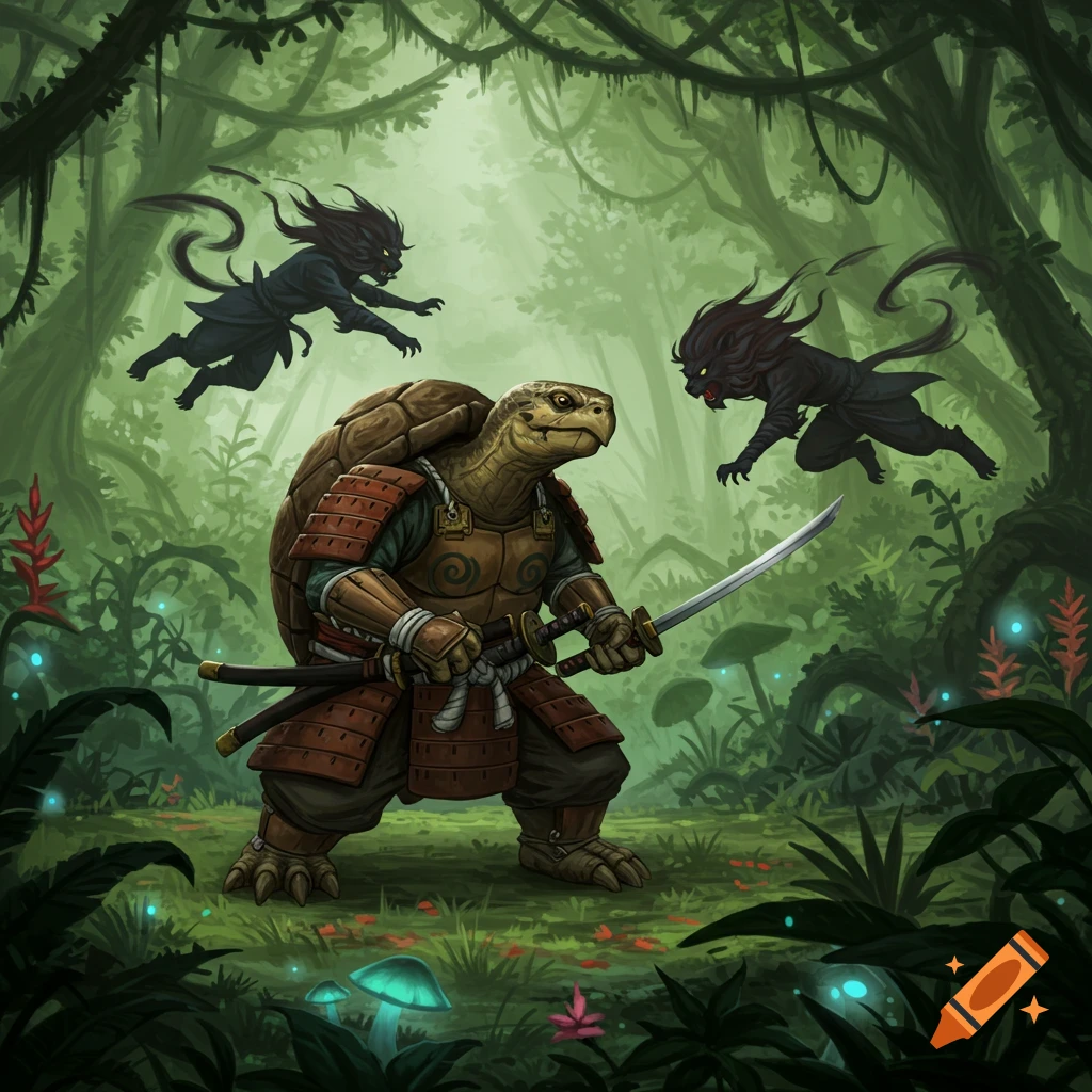 An anime-style turtle samurai warrior wields a katana, facing off against two shadow ninja lions in a lush rainforest.