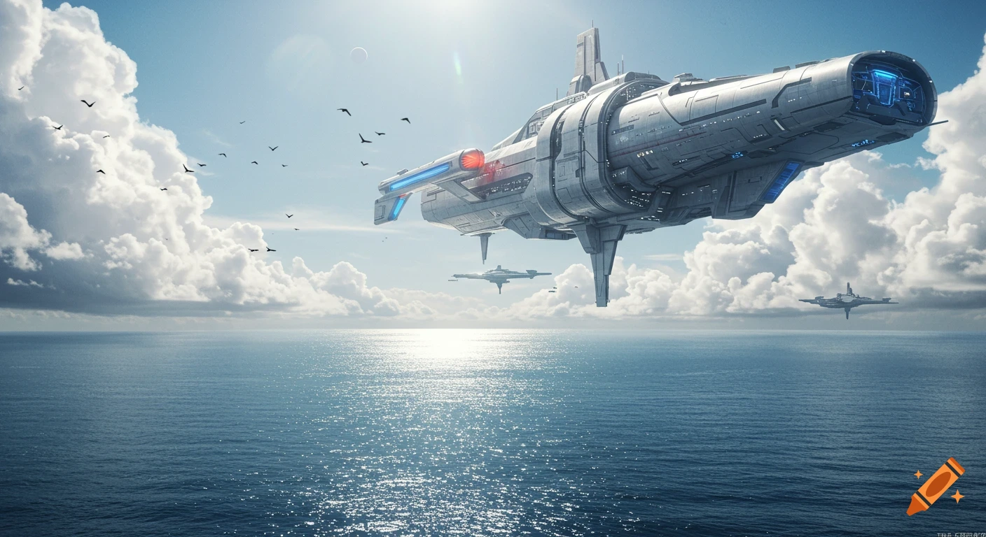 Large futuristic spaceship flying over a vast, sun-drenched ocean with fluffy clouds and distant smaller ships. Photorealistic.