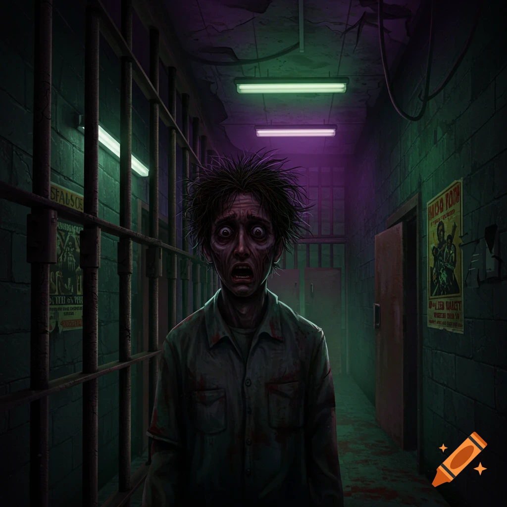 Scared, disheveled man with wide eyes stands in a dark, neon-lit prison hallway with cell bars and posters in a horror art style.