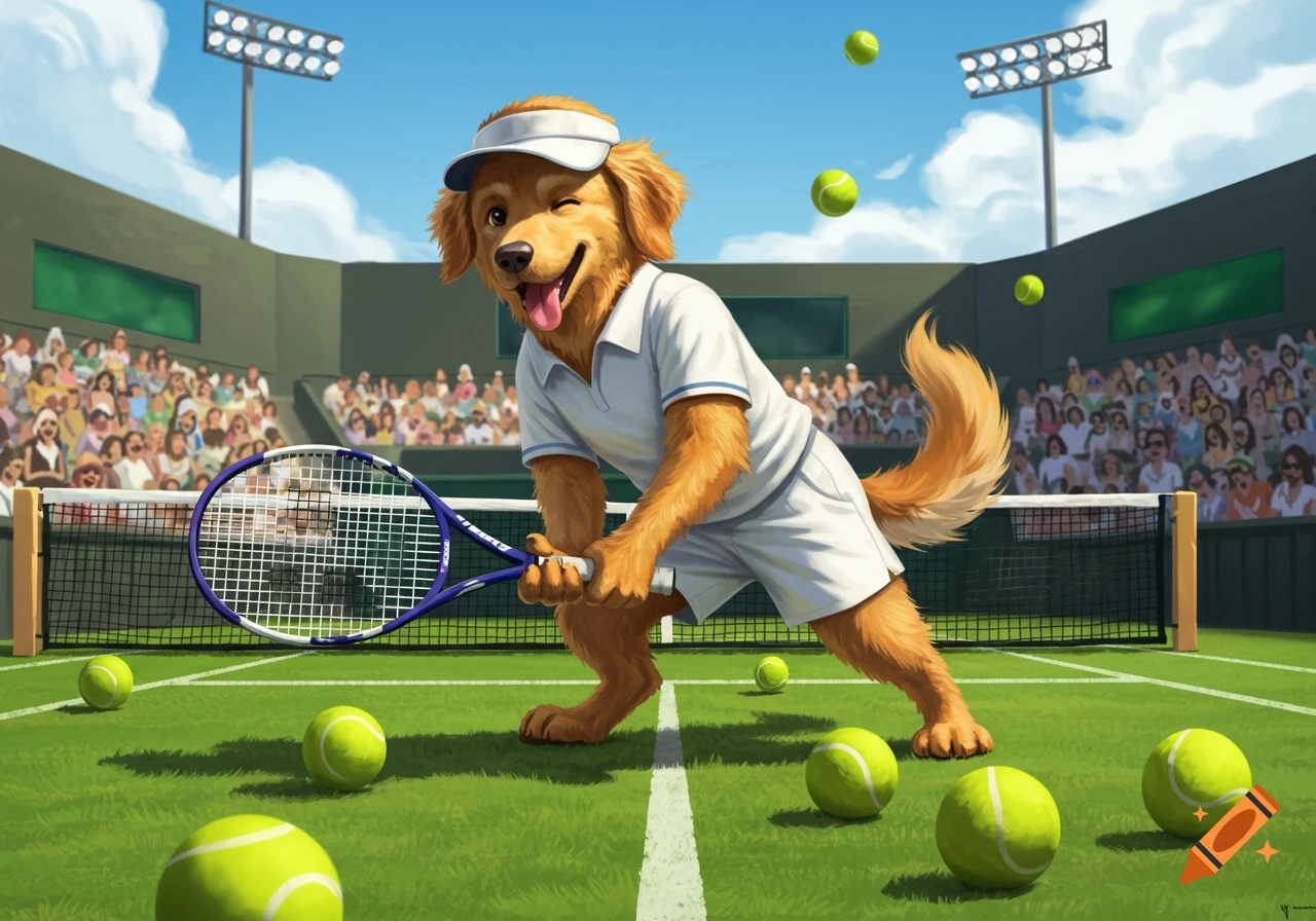 A winking golden retriever dog in a white tennis uniform on a green court, holding a racket, with tennis balls scattered around.