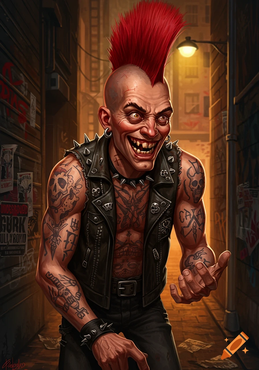 A grinning punk rock man with a red mohawk, missing teeth, and tattoos on his arms and chest wears a black studded leather vest in a dark alley.