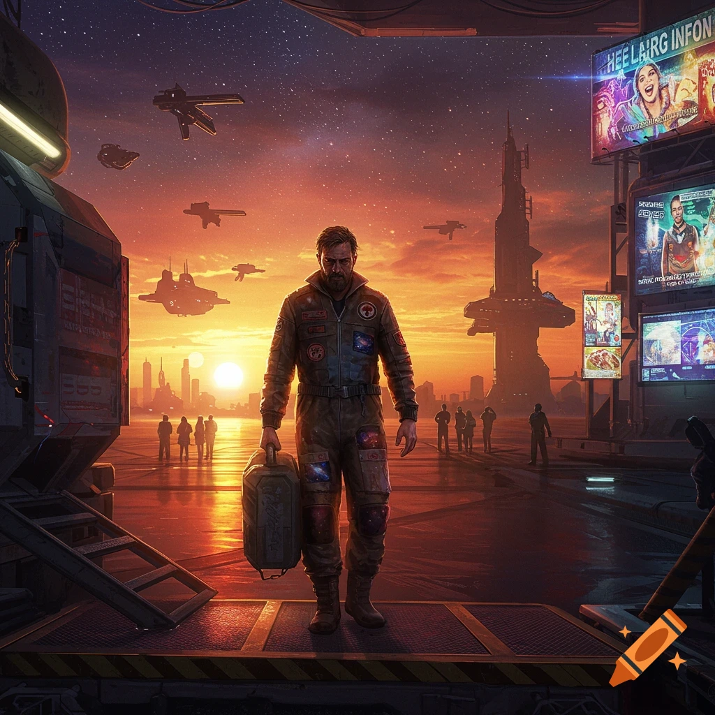 A bearded space trucker in a patched jumpsuit holds a case on a futuristic platform at sunset, with spaceships and cityscapes.