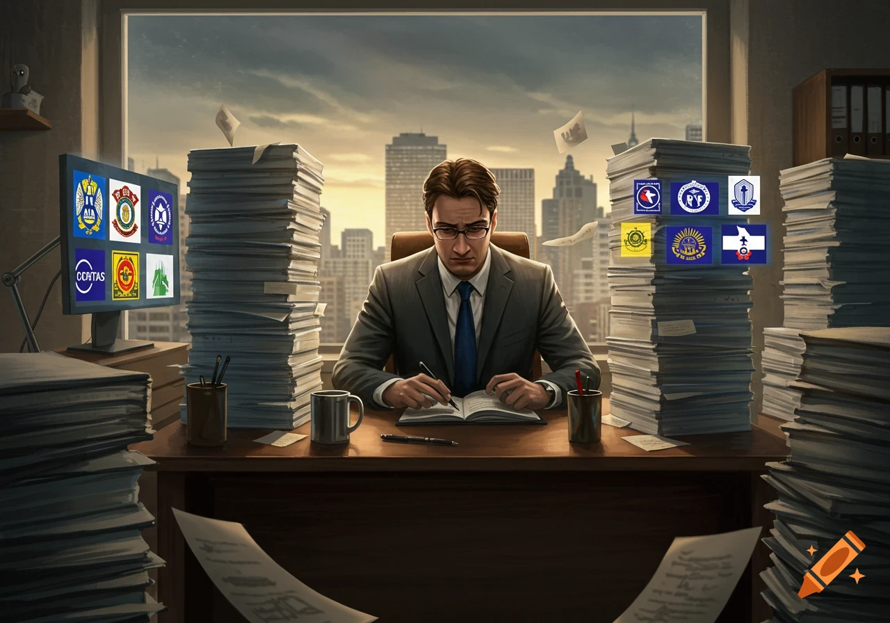 An overwhelmed businessman in a suit and tie sits at a large desk filled with towering stacks of paper, writing in a book. A computer monitor on the left displays logos, and city buildings are visible outside the window behind him.