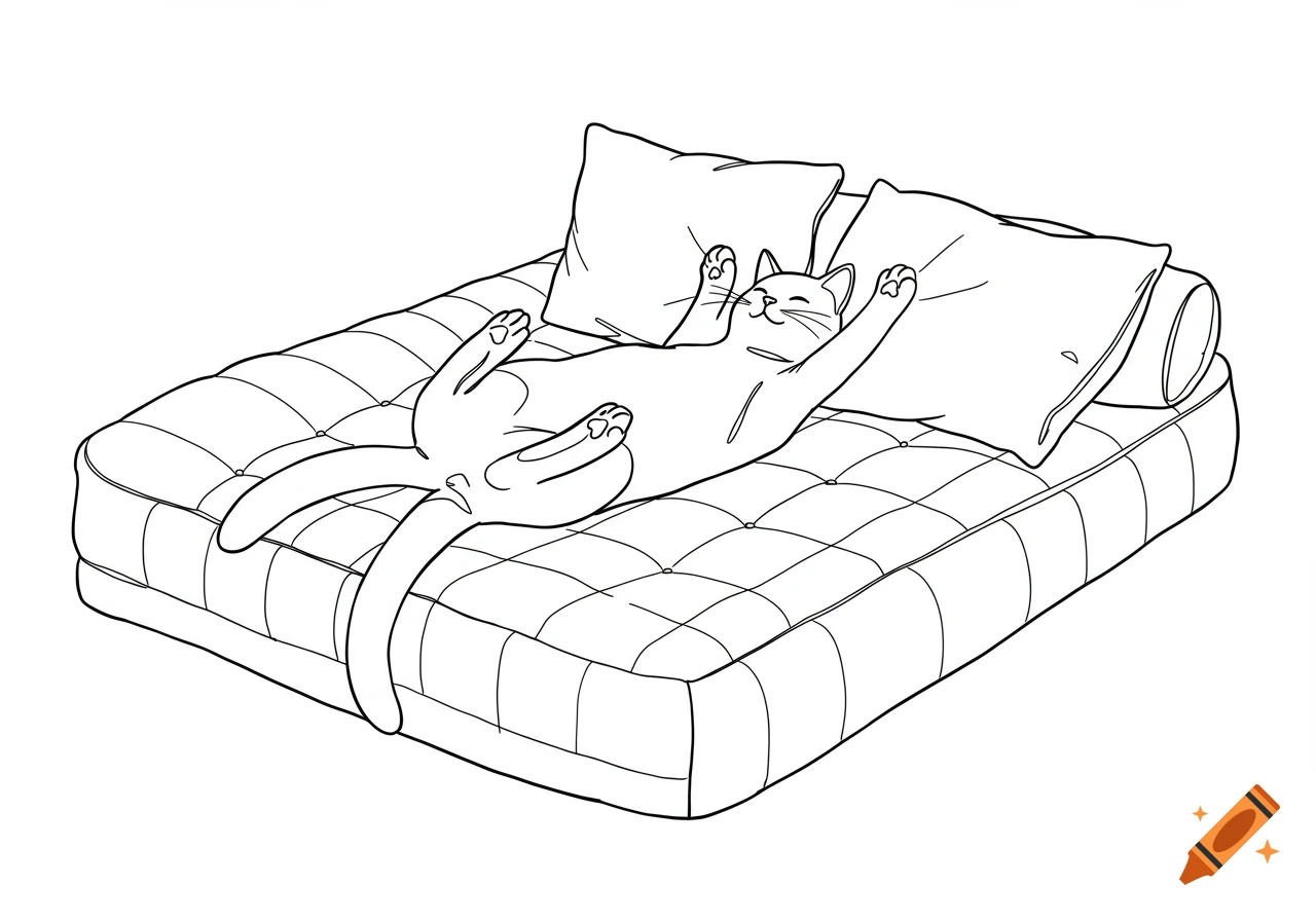 Line art drawing of a cat lying on its back on a tufted mattress with pillows, stretching its paws and legs up.